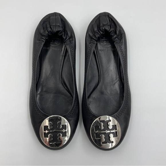 Tory Burch Shoes - Tory Burch Reva Leather Ballet Flat Black Silver Toe Logo Accent Travel VGUC 5.5